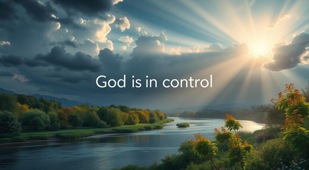 alt="Calm river with bright sunshine in the sky with the words God is in control written on the screen".