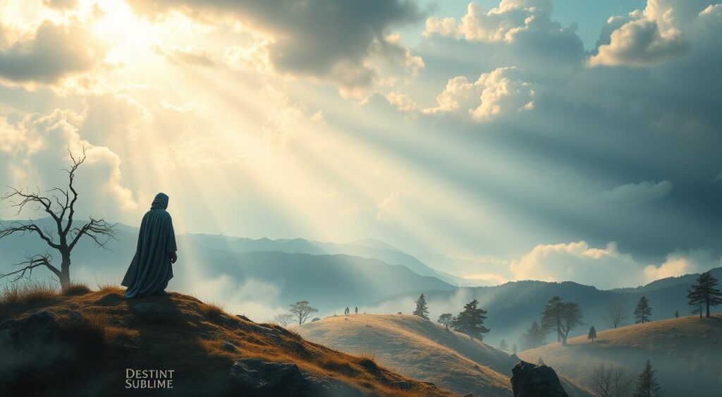 alt="Person on a hill looking over fields with sun rays shining through the clouds".