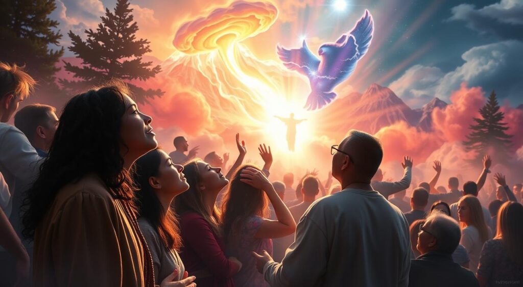 alt=" People on the ground worshiping an angel in the air".