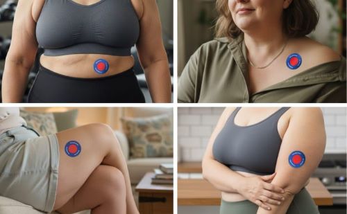 alt=`Woman applying slimming patches`.